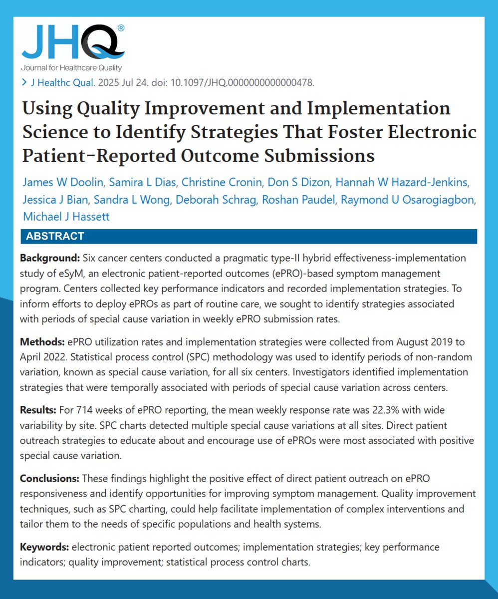DFCI_BreastOnc's tweet image. New study 👉Using #QualityImprovement and #ImplementationScience to Identify Strategies That Foster Electronic #PatientReportedOutcomes Submissions
🔓pubmed.ncbi.nlm.nih.gov/40705678/
@HHazardJenkins @ROsarogiagbon #MichaelHassett #StatisticalProcessControlCharts #PROs