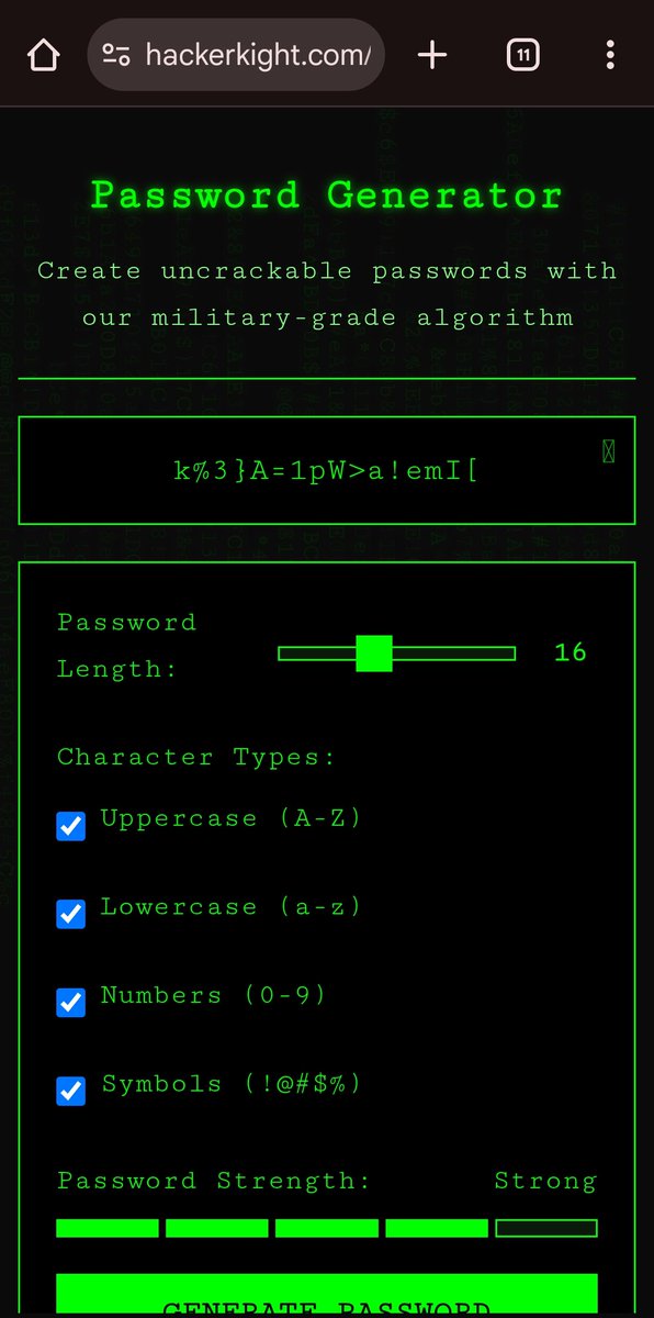 sidusinfinity's tweet photo. 🔐 Tired of forgetting passwords or using weak ones?
Take charge with the HackerKight Password Generator — strong, random, and totally free!
Create secure passwords in seconds and protect what matters most. 🚀

👉 Try it now: https://t.co/aNFvV3Vg0Q

#CyberSecurity #PasswordGenerator #Infosec #DataProtection #SecurityTips #StrongPassword #HackerKight