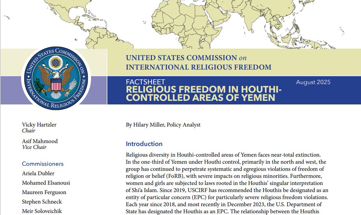 🚨 USCIRF released a report on Houthi-controlled areas of Yemen. 
uscirf.gov/publications/h…