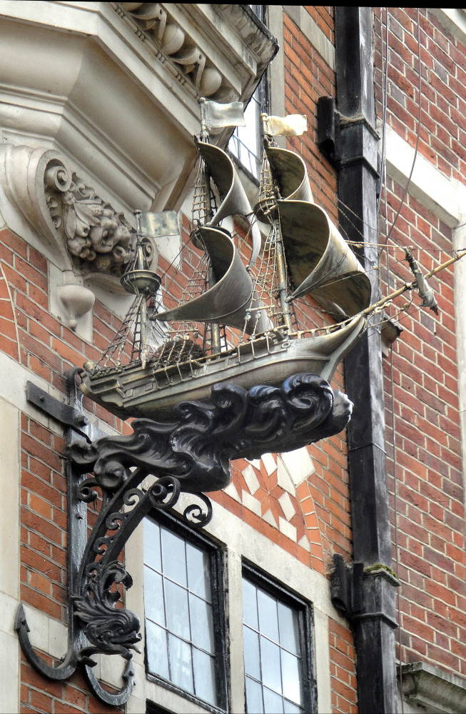 Ship sculpture at 20 Buckingham Gate, London. Installed by the first occupant Emil Heinemann.

Circa 1902.