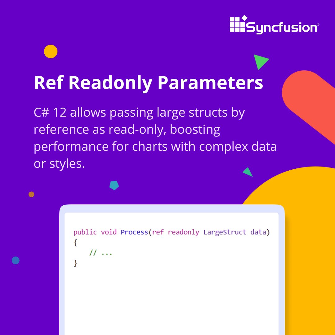 Syncfusion's tweet image. Ref Readonly Parameters
You can pass large structs by reference with immutability, avoiding expensive copying operations.
#dotnetdev #csharp
(4/9)