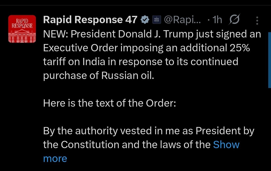 PorasTiwari2's tweet photo. #breaking . Donald Trump signed executive order imposing additional 25% tariff on india ।in response to continued purchase of Russian oil। Hope strong agiesnt america tariff ,#Tarrif #india #Russian #oil #buying #Trump #america #imposing #economy #growth #finance #business https://t.co/Ysc6A4hT3h