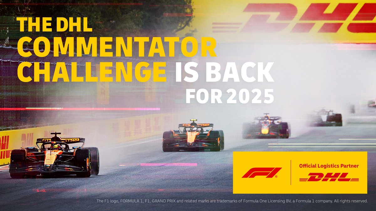 DHL_Motorsports's tweet photo. Win a behind-the-scenes Superfan experience at an @F1 Grand Prix in 2026! ๐๏ธ๐จ
The DHL Commentator Challenge is back, bigger and better than ever. We're ready to hear your best commentary voice on the mic ๐
Enter now: https://t.co/r0ZtVuHD5S
#F1 #DHLF1 #CommentatorChallenge https://t.co/PJVQKU8bJ8