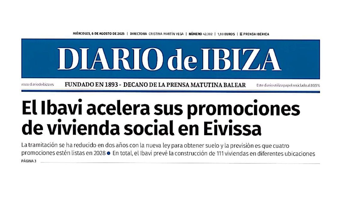 PP Balears (@ppbalears) on Twitter photo "El IBAVI acelera sus promociones de vivienda social en Eivissa", la portada d'avui a <a href="/Diario_de_ibiza/">Diario de Ibiza</a>.
Més d'un centenar de nous habitatges públics veuran reduïda la seva tramitació gràcies a la nova llei de Projectes Residencials Estratègics que ha impulsat el govern de "El IBAVI acelera sus promociones de vivienda social en Eivissa", la portada d'avui a <a href="/Diario_de_ibiza/">Diario de Ibiza</a>.
Més d'un centenar de nous habitatges públics veuran reduïda la seva tramitació gràcies a la nova llei de Projectes Residencials Estratègics que ha impulsat el govern de