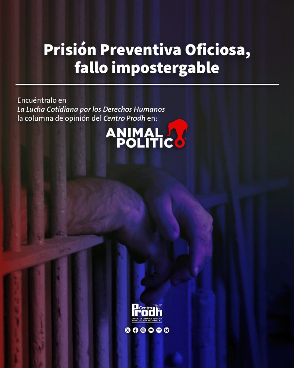 Centro Prodh (@centroprodh) on Twitter photo Más allá de los posibles obstáculos jurídicos o políticos, es urgente que la <a href="/SCJN/">Suprema Corte</a> aborde a fondo la figura de la prisión preventiva oficiosa #PPO, en aras de garantizar los derechos de miles de personas privadas de la libertad bajo esta figura.
La voz del <a href="/CentroProdh/">Centro Prodh</a> en Más allá de los posibles obstáculos jurídicos o políticos, es urgente que la <a href="/SCJN/">Suprema Corte</a> aborde a fondo la figura de la prisión preventiva oficiosa #PPO, en aras de garantizar los derechos de miles de personas privadas de la libertad bajo esta figura.
La voz del <a href="/CentroProdh/">Centro Prodh</a> en