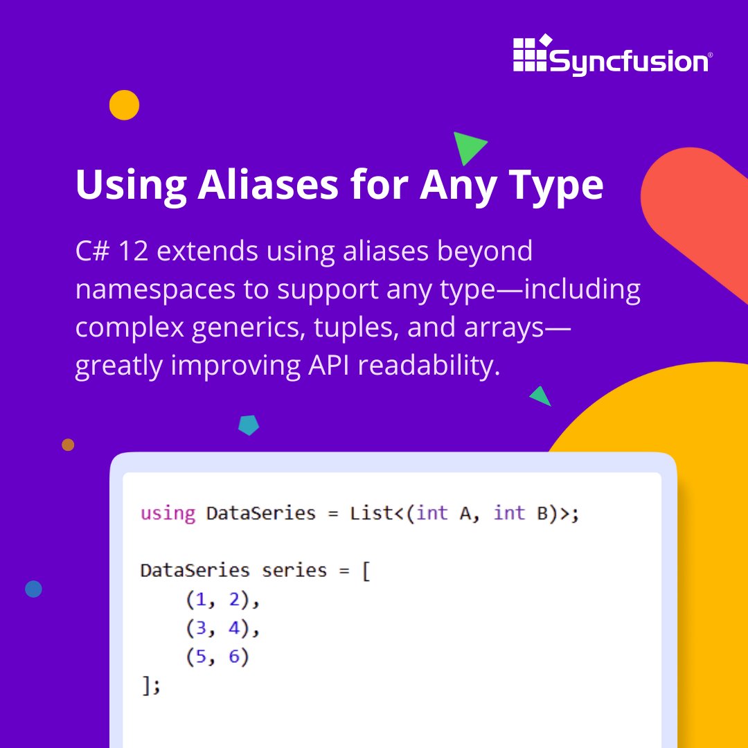 Syncfusion's tweet image. 🧠 Using Aliases for Any Type
Aliases now go beyond namespaces—use them with tuples, arrays, and generics for cleaner, more readable APIs.
#csharp13 #dotnetdeveloper
(5/9)