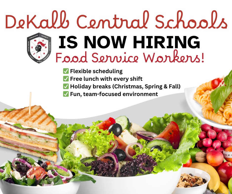 🚨 DeKalb Central Schools is hiring Food Service Workers! 🍎

✅ Flexible scheduling
✅ Free lunch with every shift
✅ Holiday breaks (Christmas, Spring &amp; Fall)
✅ Fun, team-focused environment

Apply today: ow.ly/TJG050UG3iN

#JoinOurTeam