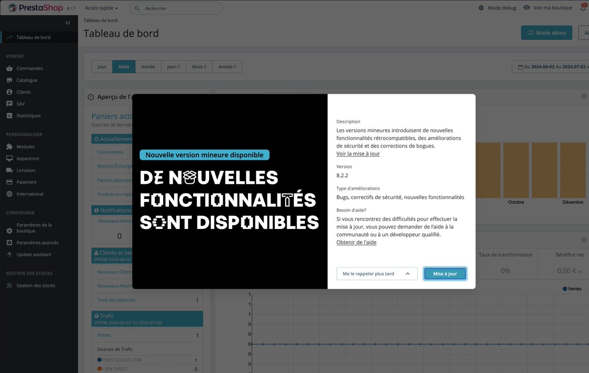 PrestaEdit's tweet image. Mon Back Office #PrestaShop qui m'informe d'une mise à jour à son ouverture.
Et d'une façon très propre !
Mention spéciale pour la possibilité de reporter l'information ultérieurement ou jusque la prochaine mise à jour disponible.