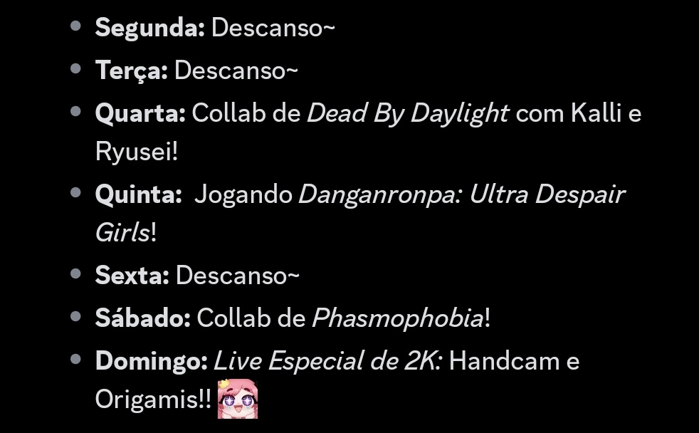 👑🩷 Calendário da semana!! 🩷👑

Vou trazer Vtubers amáveis que nunca trouxe antes, espero que gostem ＼⁠(⁠^u^⁠)⁠／