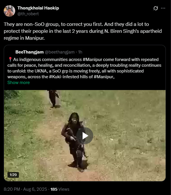 In a hurry, <a href="/JNU_official_50/">Jawaharlal Nehru University (JNU)</a> professor <a href="/th_robert/">Thongkholal Haokip</a> admits his admiration for militant group United Kuki National Army (UKNA). Since UKNA has not signed suspension of operations (SoO) agreement with India, they are militants who should be neutralised at sight (1/n).