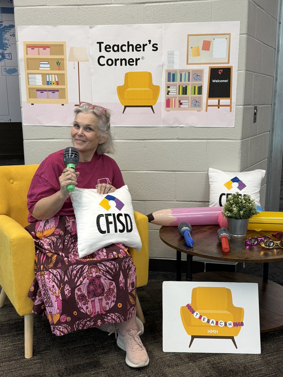 CyFairREAD180's tweet photo. Teacher’s Corner on the Road 🚐 hit @CyFairISD on Monday and brought the 🔥for BTS PD! We explored #TeacherEra, AI on @HMHCo’s Ed, ReaL Book moves, and shifted from self to global thinking, all with TC team and the iconic yellow chair! #wheresthechair➡️#ItsinCyFair @JackieLoyd https://t.co/7eiqbGi6Ux