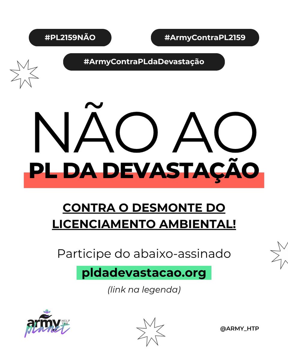 Falta pouco para encerrar o prazo para o veto presidencial ao PL da Devastação.
A pressão não pode parar! 

VETA TUDO LULA 

CONGRESSO DA DEVASTAÇÃO 

#PL2159NÃO #VetaLula #ArmyContraPLdaDevastação

Rt, comente e assine pldadevastacao.org

🚨🚨🚨🚨