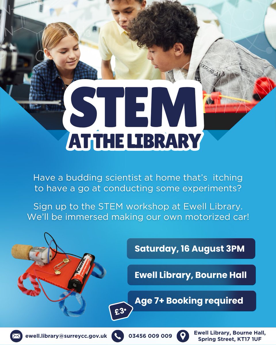Got a budding inventor at home? Bring their curiosity to life at our #STEM craft workshop at Ewell Library!

Kids aged 7+ will get hands-on building their very own motorized electric car –learning through fun and experimentation.
#WhatsOnEpsom