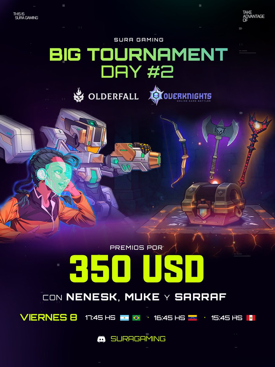Luishimaru.ron | De Grano en Grano (@degranoengrano1) on Twitter photo ¡Atención, comunidad gamer! ⚔️💰
¿Listos para la batalla? <a href="/suragamingteam/">Sura Gaming</a> reparte 350 USD en premios en su BIG TOURNAMENT DAY #2.
¡Demuestra tu habilidad en Olderfall y <a href="/OverKnightsGame/">OverKnights</a> y llévate el premio!
🗓️ Fecha: Viernes 8 de agosto ⏰ Hora:🇨🇴 15:45 HS 🇵🇪 15:45 HS 🇻🇪 ¡Atención, comunidad gamer! ⚔️💰
¿Listos para la batalla? <a href="/suragamingteam/">Sura Gaming</a> reparte 350 USD en premios en su BIG TOURNAMENT DAY #2.
¡Demuestra tu habilidad en Olderfall y <a href="/OverKnightsGame/">OverKnights</a> y llévate el premio!
🗓️ Fecha: Viernes 8 de agosto ⏰ Hora:🇨🇴 15:45 HS 🇵🇪 15:45 HS 🇻🇪