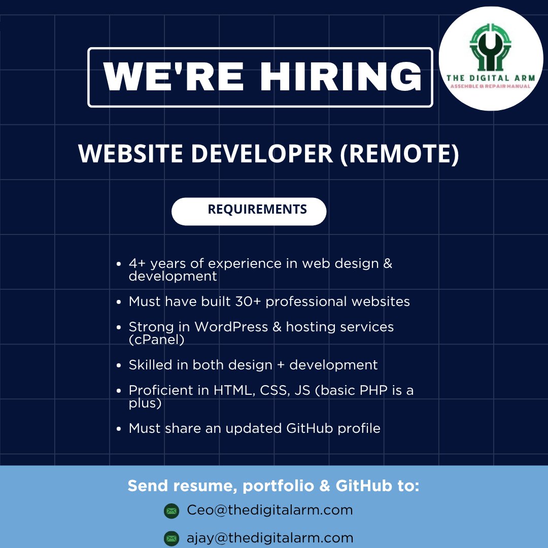 TheDigital_ARM's tweet photo. Weโre Hiring: Website Developer (4+ yrs exp )-Remote
๐ฉ Send resume + portfolio + GitHub
ceo@thedigitalarm.com | ajay@thedigitalarm.com
๐ Apply here
https://t.co/bQOGenzwBJ
#HiringNow #WebsiteDeveloper #WordPressJobs #RemoteJobs https://t.co/49HHkRKv1P