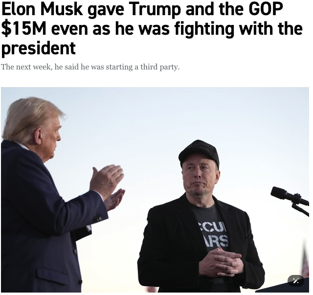 Elon Musk hat Donald Trumps Super-PAC MAGA Inc. am 27. Juli 2025 $ 5 Mio. und der republikanischen Führung im Senat $ 10 Mio. gespendet.
Soviel zum medial inszenierten "Bruch" der beiden. 
politico.com/news/2025/07/3…