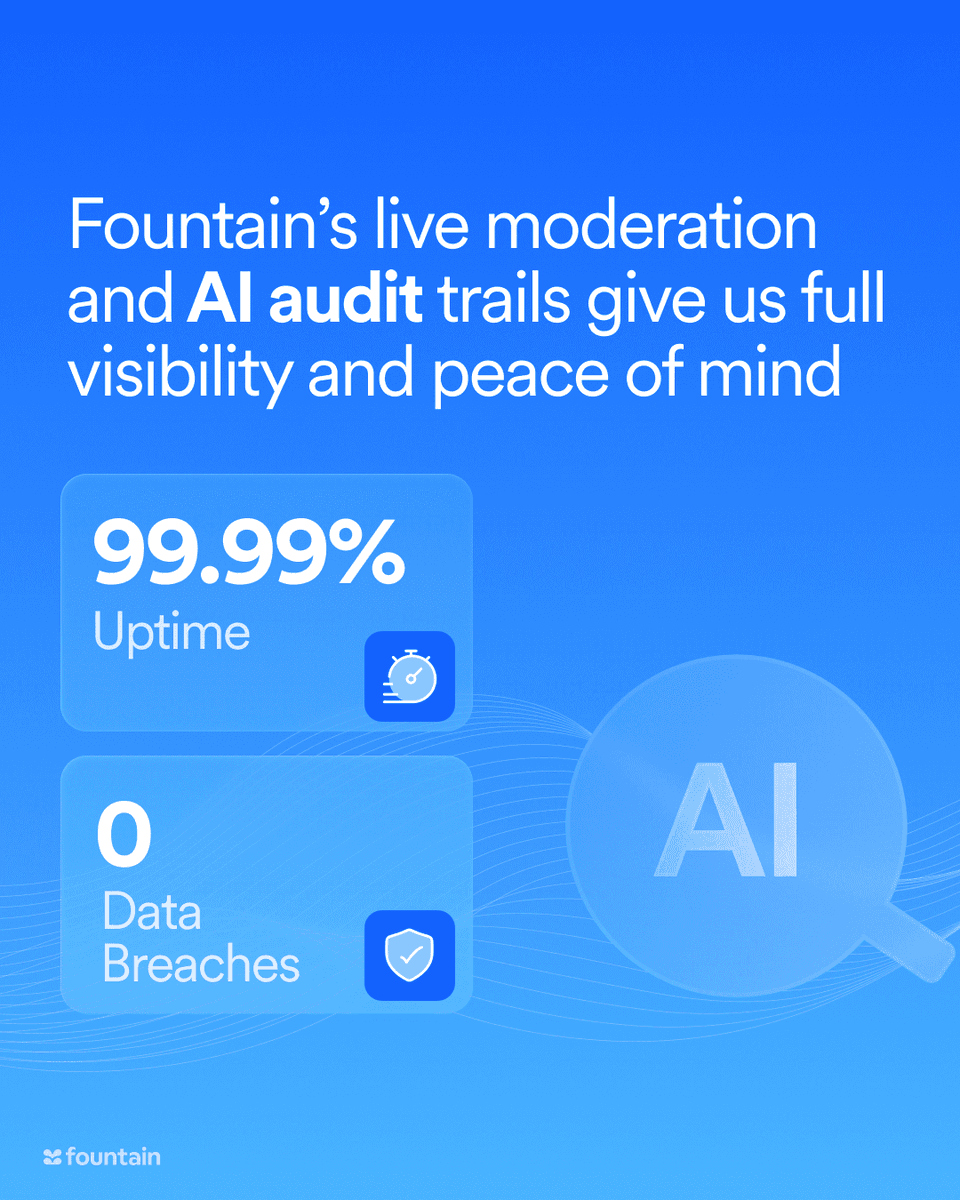 Fountain_Inc's tweet image. 💬 “Fountain’s live moderation and AI audit trails give us full visibility and peace of mind.”

Trust isn’t a feature. It’s a foundation.
Choose platforms that embed security at every level.
#CustomerSuccess #FrontlineHiring #HRTechStack