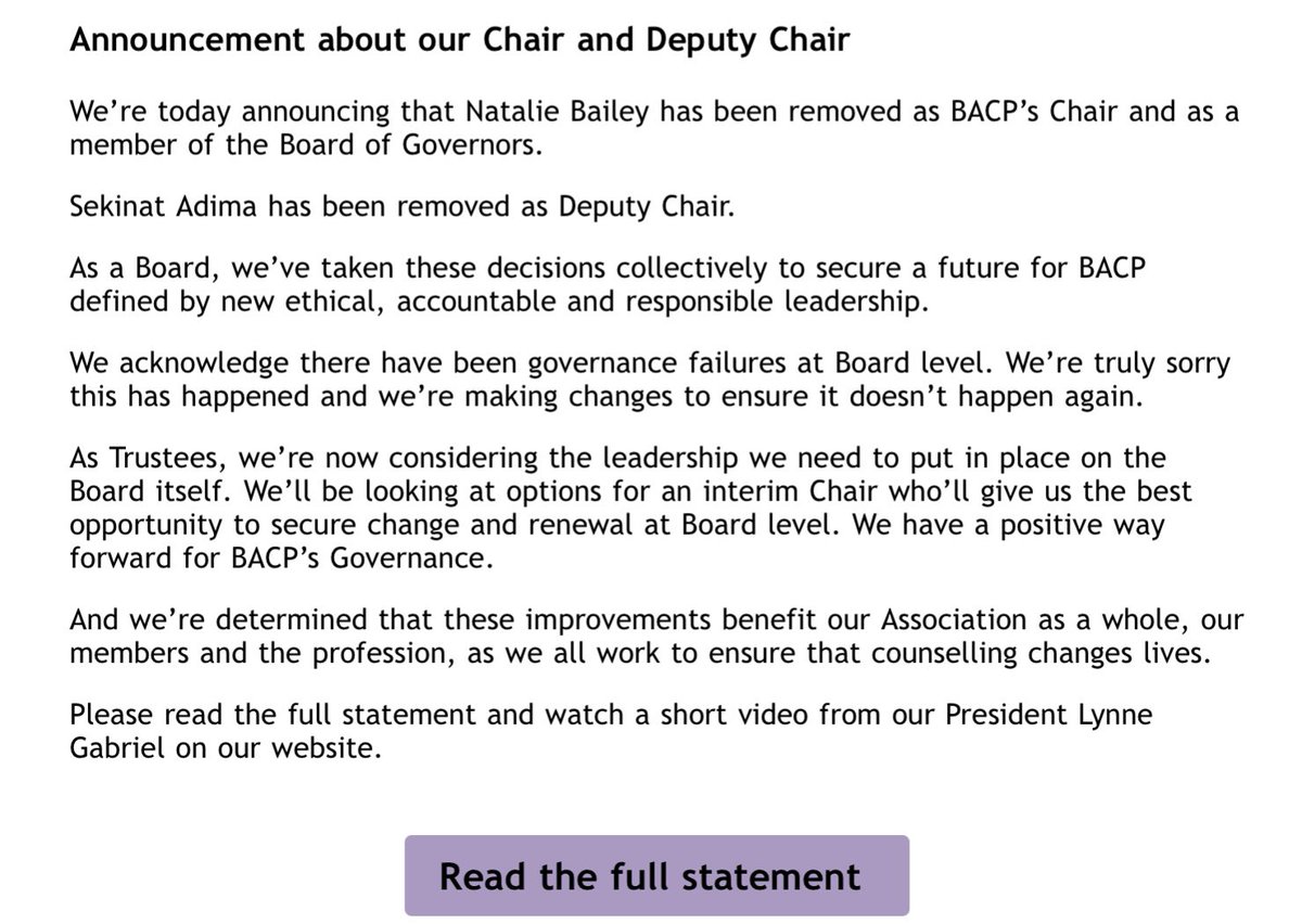 ‼️BREAKING‼️
UKs biggest therapy body sacks Chair and Deputy Chair over governance issues! 

This could signal a turning point but at this stage it’s hard to tell whether it means a move away from the hostile bullying culture within <a href="/BACP/">BACP</a>  or a further entrenchment of EDI, we