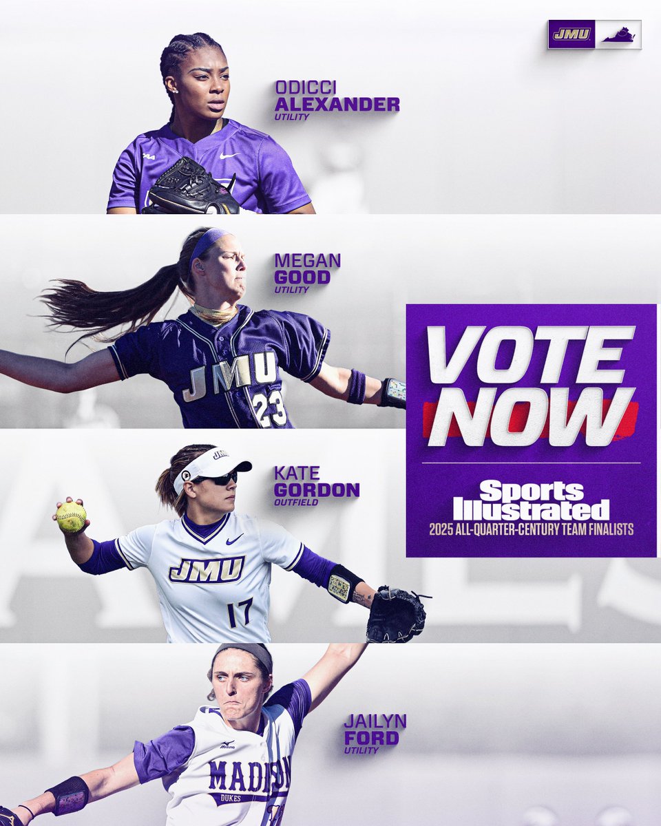 JMU Softball (@jmusoftball) on Twitter photo 𝐁𝐄𝐒𝐓 of the 𝐁𝐄𝐒𝐓 on the ballot 💜
Odicci, Megan and Jailyn join Kate as nominees for <a href="/SoftballOnSI/">Softball OnSI</a>'s All-Quarter Century team!
Voting ends TOMORROW! ⤵️
OF: tinyurl.com/2js2fyyp | UTL: tinyurl.com/4drfsd37 𝐁𝐄𝐒𝐓 of the 𝐁𝐄𝐒𝐓 on the ballot 💜
Odicci, Megan and Jailyn join Kate as nominees for <a href="/SoftballOnSI/">Softball OnSI</a>'s All-Quarter Century team!
Voting ends TOMORROW! ⤵️
OF: tinyurl.com/2js2fyyp | UTL: tinyurl.com/4drfsd37