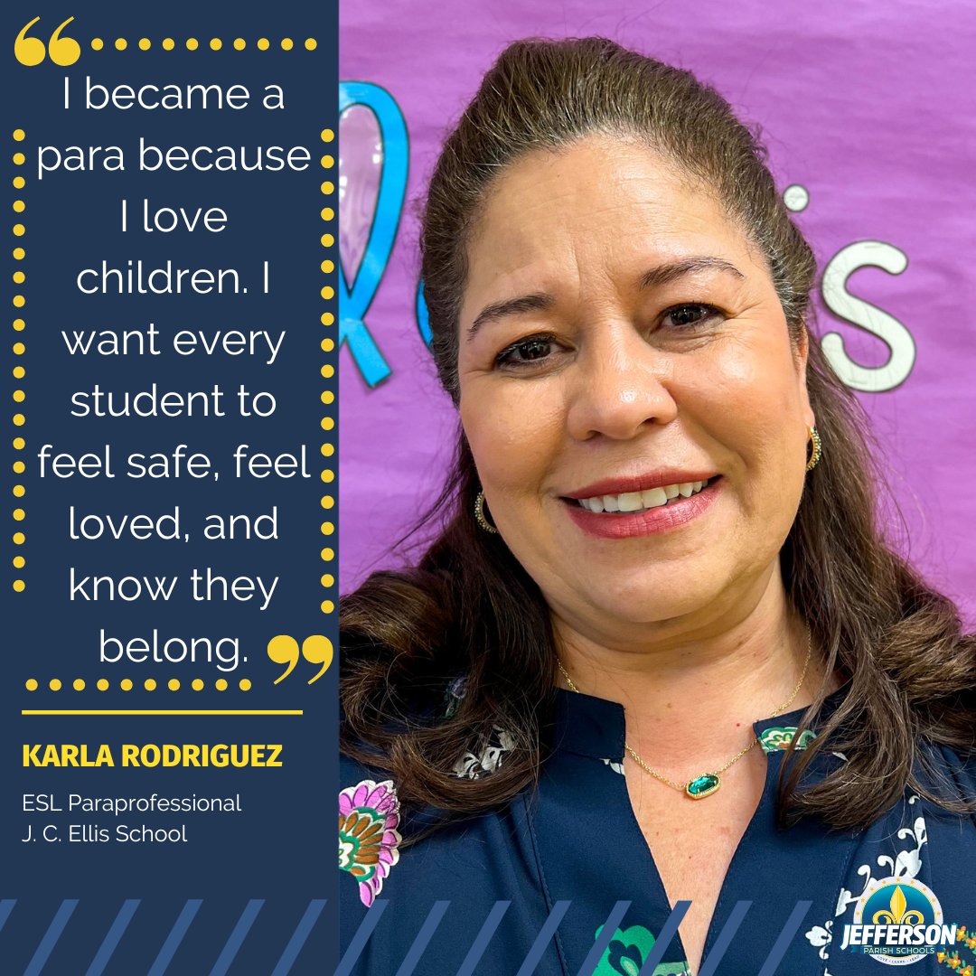 JPschools's tweet photo. For nearly a decade, Karla Rodriguez has been a steady and uplifting presence at J. C. Ellis Elementary. As an ESL paraprofessional, she supports English Learner students by helping them grow academically while making sure they feel safe, seen, and supported. 
#JPSchools https://t.co/EioJVVb693