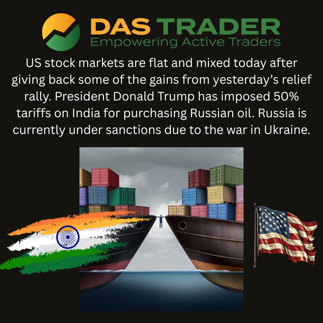 MIDWEEK UPDATE 8-6-2025
US stock markets are flat and mixed today after giving back some of the gains from yesterday’s relief rally. President Donald Trump has imposed 50% tariffs on India for purchasing Russian oil. Russia is currently under sanctions due to the war in Ukraine.