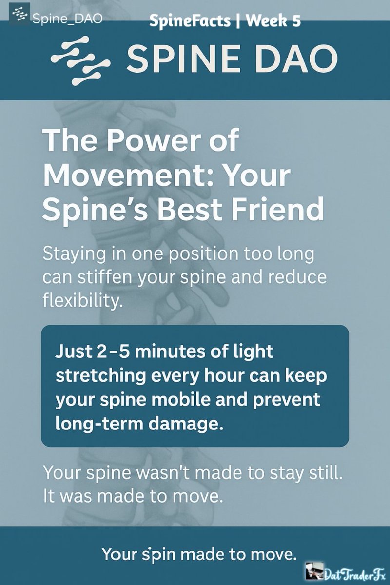 DatTraderFx's tweet image. 📌 #SpineFacts | Week 5

Title: “The Power of Movement: Your Spine’s Best Friend”

Did you know?
Staying in one position too long whether you&apos;re gaming, trading, coding or scrolling can stiffen your spine &amp;amp; reduce flexibility. Over time, this leads to pain, muscle 

#DeSci #Web3