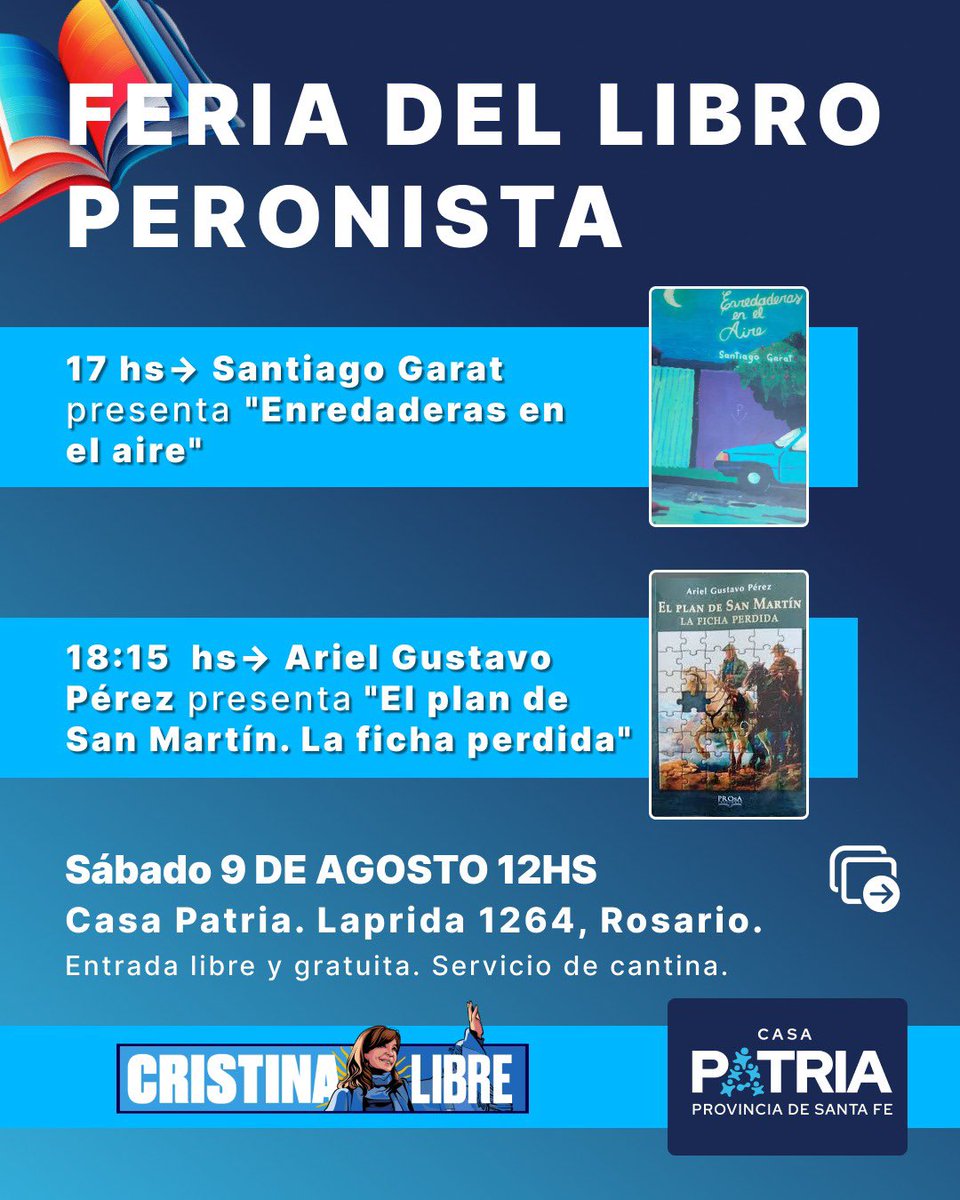 📚 FERIA DEL LIBRO PERONISTA
🗓️ Sábado 9/8 – 12 hs
📍 Casa Patria, Laprida 1264, Rosario

Presentaciones de libros - Lecturas

🖊️ Escritura por Cristina.
CRISTINA INOCENTE. CRISTINA LIBRE. 🇦🇷

Entrada libre y gratuita · Servicio de cantina

#ArgentinaConCristina #CristinaLibre