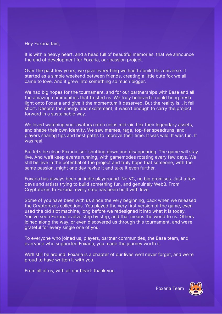 Today’s update is a little different.
To every single player and partner: thank you for playing, for supporting, for believing. 

We have an important decision to share with you, so please take a moment to read our message below 🙏