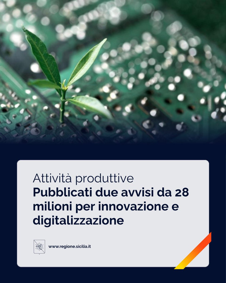 Regione_Sicilia's tweet image. 🖱 Pubblicati dall’assessorato regionale delle Attività produttive  due nuovi bandi su #innovazione e #digitalizzazione per un valore complessivo di circa 28 milioni di euro nell’ambito del Programma regionale Fesr Sicilia 2021-2027.

Leggi 🔗 regione.sicilia.it/la-regione-inf…

#Sicilia