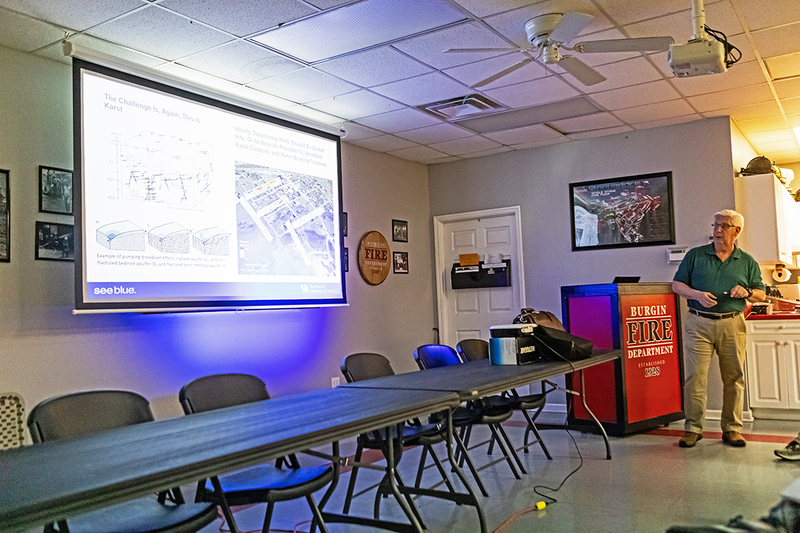 #KGS hydrogeologist Chuck Taylor spoke at a town hall meeting in Burgin, Kentucky, where community members gathered to hear and discuss proposed solutions to the town’s ongoing flooding problems.

KGS is collecting hydro-geological data to understand the relation of Mercer