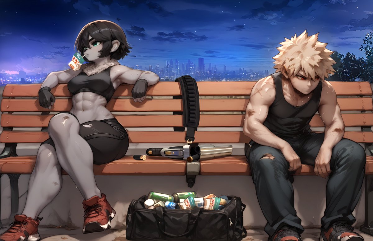 TakeoS7's tweet photo. For some reasons I had 2 dreams about #Samantha_S interacting with #Bakugo and I liked the dynamic between them so much that I had to make a picture with both of them... after they had a sparring fight. Creating Process: 2D Art, 3D Model/Render, AI Assistance https://t.co/Ako2WLeh5d