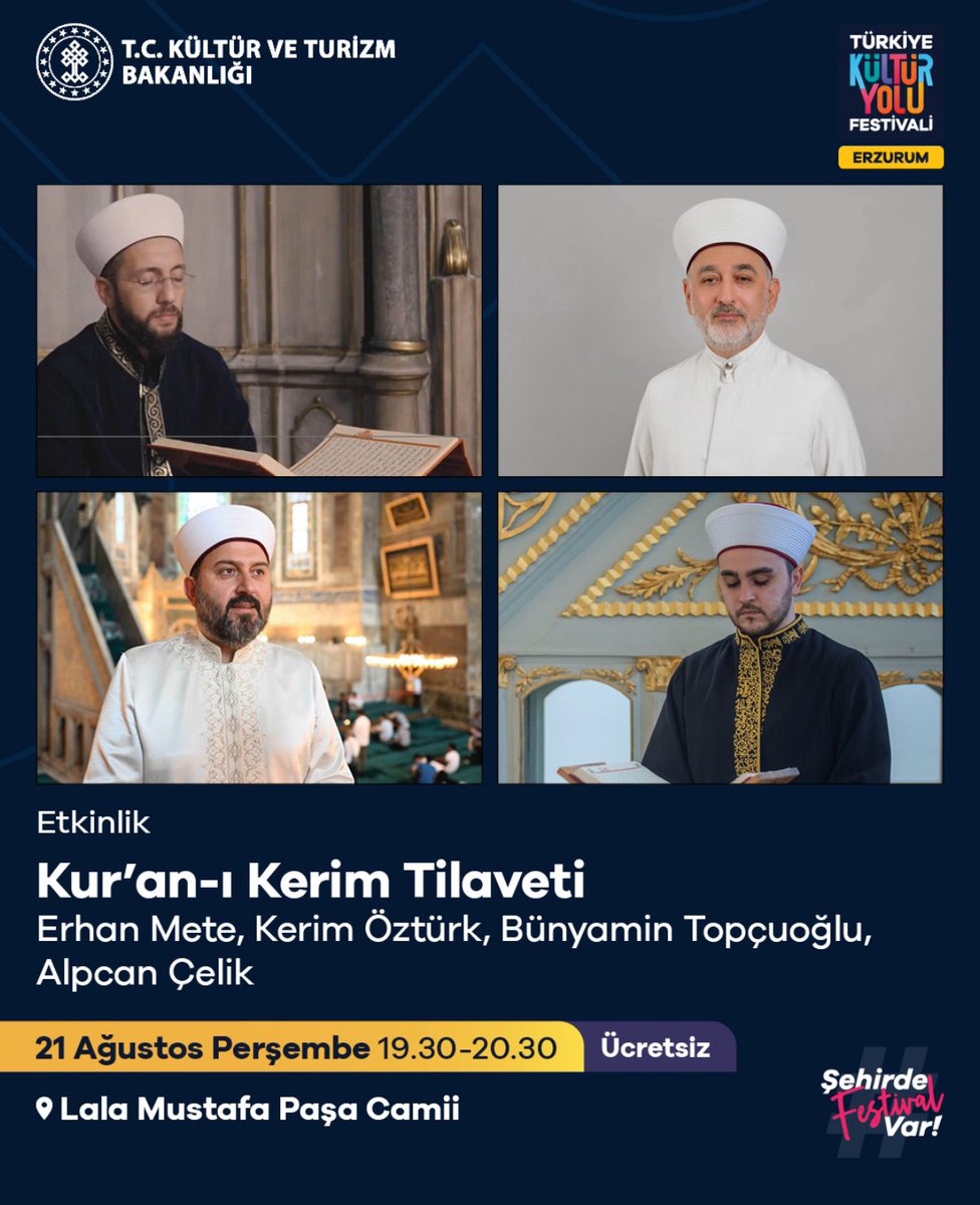 Selim Terzi (@selimtrz) on Twitter photo <a href="/turkiyeky/">Türkiye Kültür Yolu Festivali</a> Erzurum’da kıymetli <a href="/bunymntopcuoglu/">Bünyamin Topçuoğlu</a> , Erhan Mete, Kerim Öztürk ve Alpcan Çelik hocalarımızla hem kulakların hem gönüllerin pasının silineceği güzel bir ziyafet yaşayacağız inşallah. Kuran dostlarını bekleriz. <a href="/turkiyeky/">Türkiye Kültür Yolu Festivali</a> Erzurum’da kıymetli <a href="/bunymntopcuoglu/">Bünyamin Topçuoğlu</a> , Erhan Mete, Kerim Öztürk ve Alpcan Çelik hocalarımızla hem kulakların hem gönüllerin pasının silineceği güzel bir ziyafet yaşayacağız inşallah. Kuran dostlarını bekleriz.