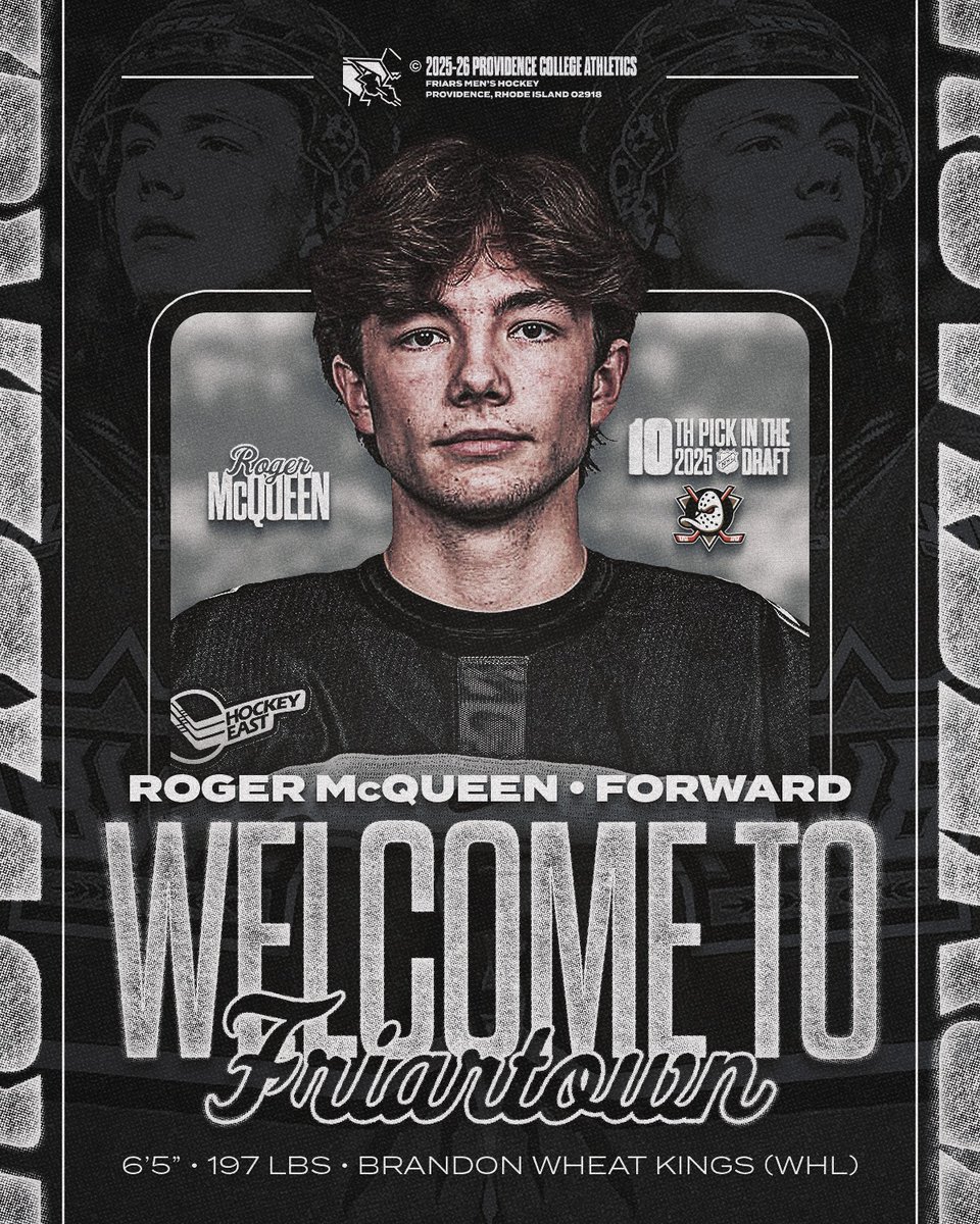 PC Men's Hockey (@friarshockey) on Twitter photo Roger McQueen is a FRIAR ‼️
The 10th pick in the 2025 NHL Draft by the <a href="/AnaheimDucks/">Anaheim Ducks</a> will head to Friartown for this upcoming season!
Roger becomes the first top-10 pick and sixth overall first-rounder in program history.
He'll wear No. 2⃣9⃣ for the Friars.
#GoFriars #Kachow Roger McQueen is a FRIAR ‼️
The 10th pick in the 2025 NHL Draft by the <a href="/AnaheimDucks/">Anaheim Ducks</a> will head to Friartown for this upcoming season!
Roger becomes the first top-10 pick and sixth overall first-rounder in program history.
He'll wear No. 2⃣9⃣ for the Friars.
#GoFriars #Kachow