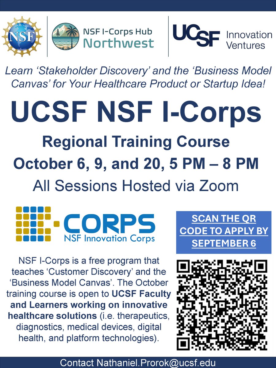 🚀 Got a healthcare startup or idea? Join the UCSF NSF I-Corps Training this October (6, 9 &amp; 20)!

🚨Apply by Sept 6 airtable.com/appchtuZSEDR2x…