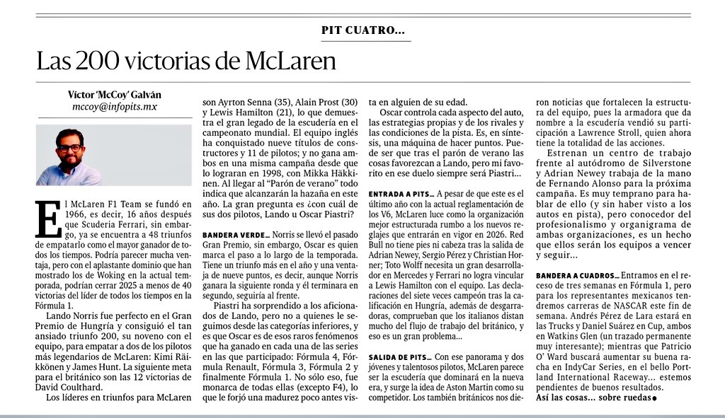 McCoy Galván (@mccoypresenta) on Twitter photo Miércoles de mi columna #PitCuatro en <a href="/LaCronicaDeHoy/">La Crónica de Hoy</a>... Y en el arranque del #ParónDeVerano, hablamos de los 200 triunfos de #McLaren... Ya me cuentan... Miércoles de mi columna #PitCuatro en <a href="/LaCronicaDeHoy/">La Crónica de Hoy</a>... Y en el arranque del #ParónDeVerano, hablamos de los 200 triunfos de #McLaren... Ya me cuentan...