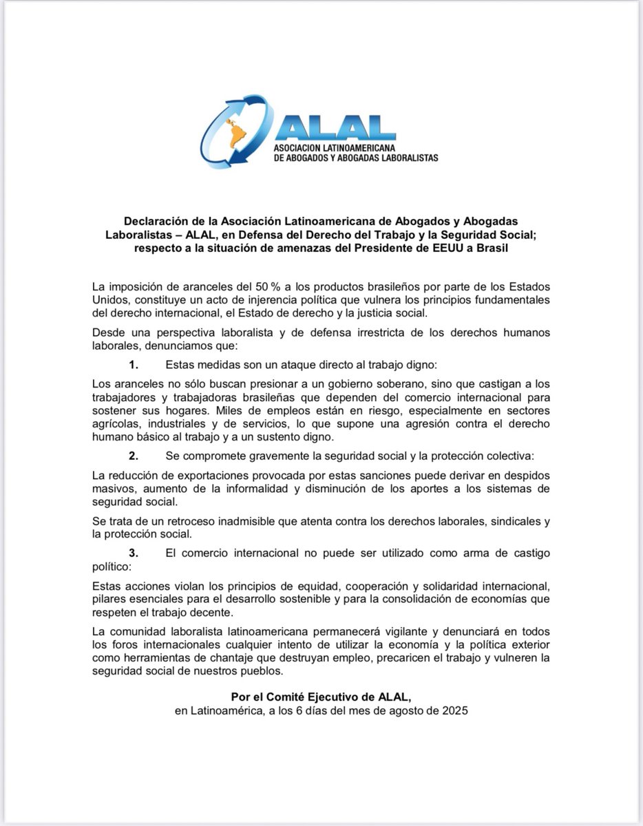 La ALAL repudia la política de injerencia del gobierno de EE.UU. sobre Brasil, que vulnera el derecho internacional y afecta gravemente a su clase trabajadora