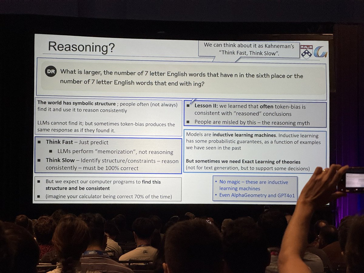 dirkvandenpoel's tweet image. Great talk by Dan Roth on the limitations of using LLMs for reasoning at the #KDD2025 Conference in Toronto. Being linguistically coherent is much easier than we thought (that’s what LLMs have taught us). Use LLMs to generate (Python) code to solve hard problems. #AI #LLMs #ORMS