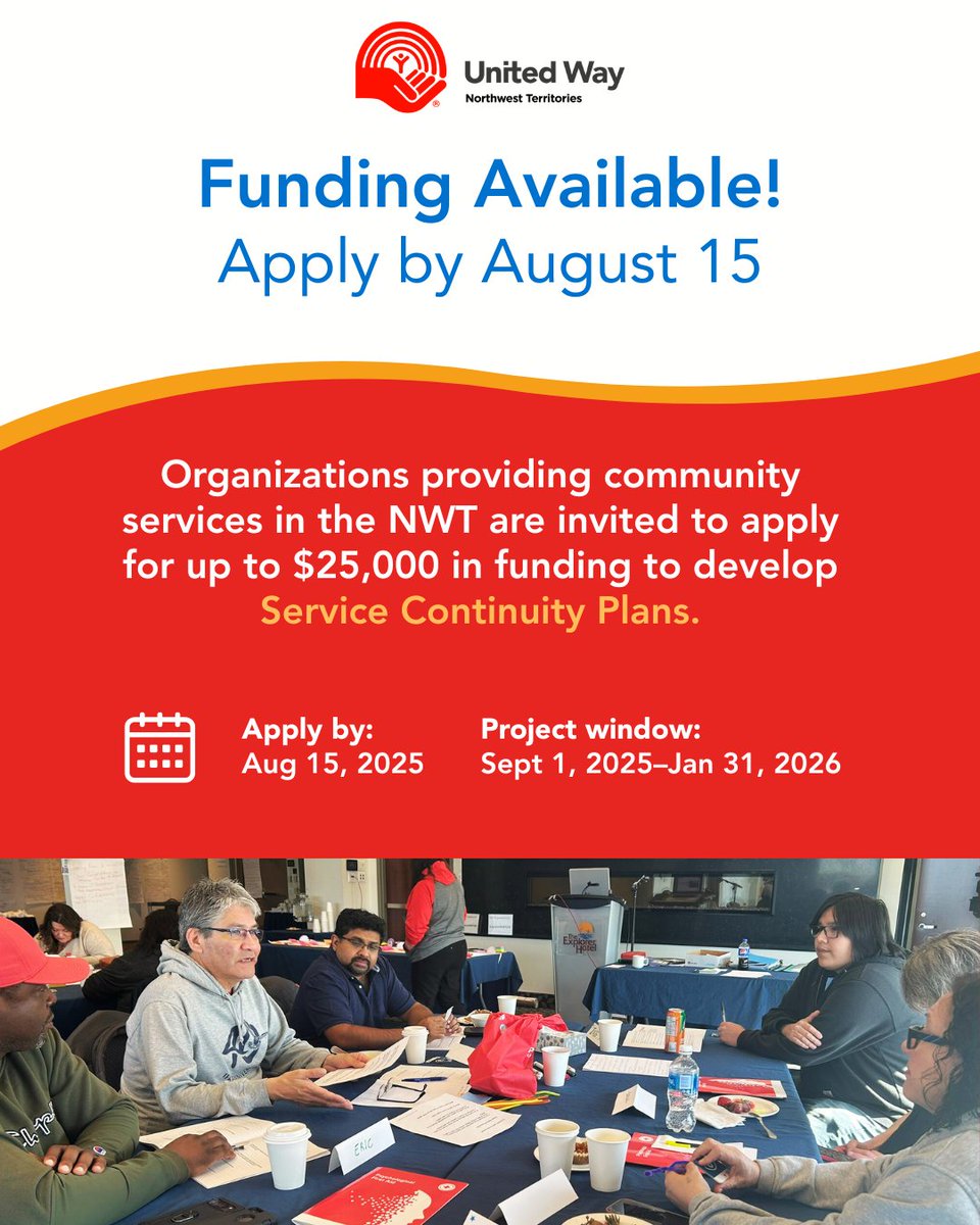 UnitedWayNWT's tweet photo. 📢 Funding Opportunity for Organizations that provide direct community services in the NWT. 

You may be eligible for up to $25,000 to develop a Service Continuity Plan to help your team maintain critical services during future emergencies.

Learn more: https://t.co/c1Y9wWFAKD https://t.co/uCxV2FQHQW