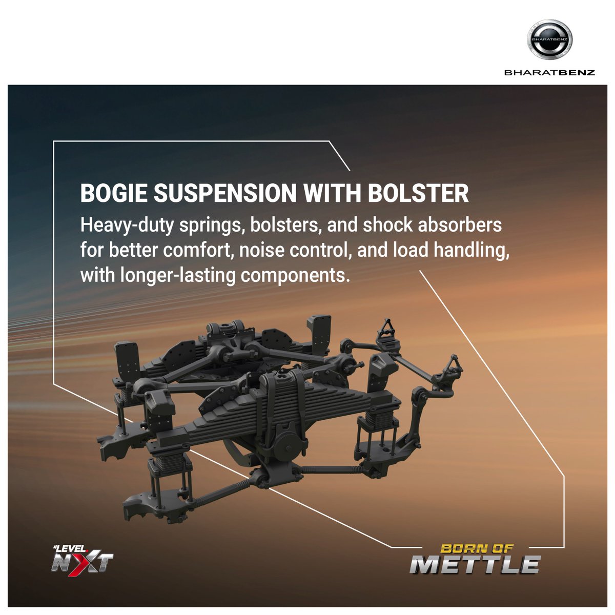 The BharatBenz HX Tipper range with Bolster Bogie Suspension offers superior load stability and shock absorption, making it ideal for tough terrains. It evenly distributes weight to reduce wear and enhance control, ensuring a smoother, safer drive.
Engineered for endurance. Built