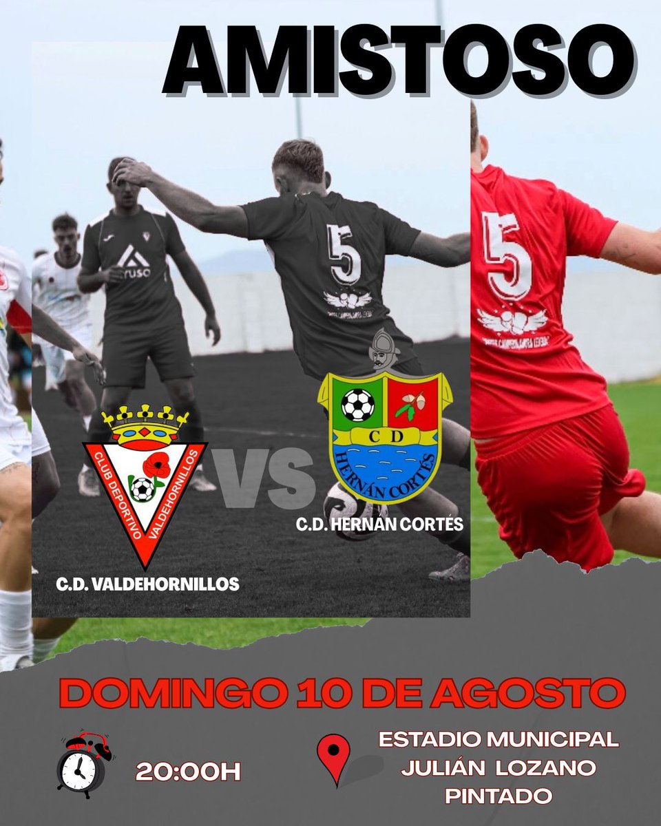 ❤️⚽PARTIDO AMISTOSO⚽❤️

Este domingo 10 de agosto, a las 20:00h nos enfrentamos ante el <a href="/CDHERNAN_CORTES/">CD HERNAN CORTES</a> en casa🏡.

Primer partido amistoso de pretemporada. 

¡VEN A ANIMAR A TU EQUIPO!📢

#VAMOSROJOS💪🏽