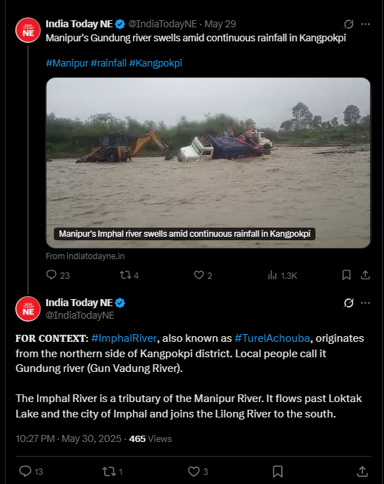<a href="/IndiaTodayNE/">India Today NE</a> <a href="/aroonpurie/">Aroon Purie</a> <a href="/KDscribe/">Kaushik Deka</a>, why is your journo <a href="/chongloi_kaybie/">Kaybie Chongloi</a> always violating Manipur government law on renaming of places? Mr Chongloi is a repeat offender. He used "Gundung River" for "Imphal River" just recently, which India Today's editorial team never made an effort to revise.