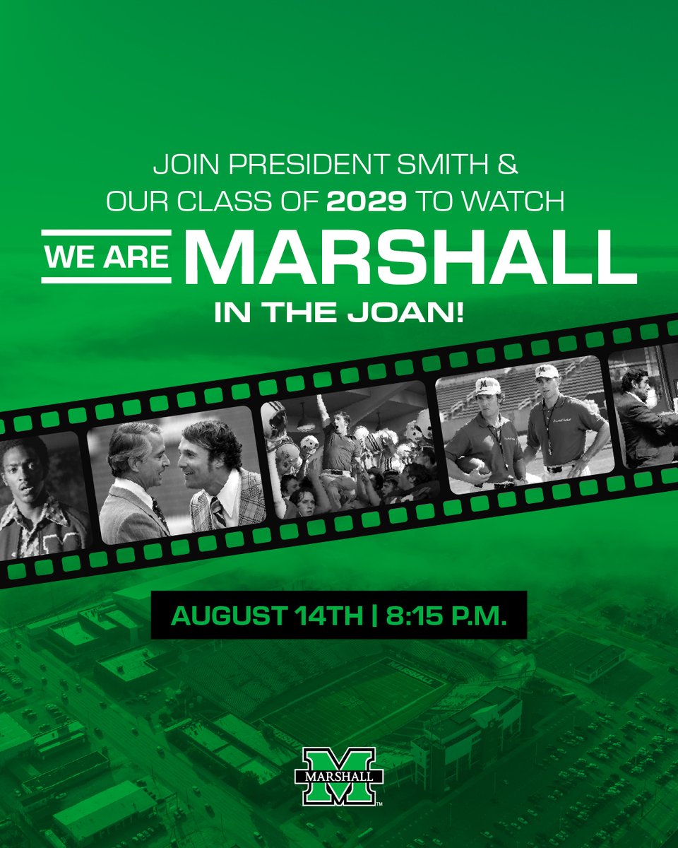 Marshall University (@marshallu) on Twitter photo Join <a href="/MarshalluPres/">President Brad D. Smith</a> and our Class of 2029 to watch We Are Marshall in the Joan!
📍 Joan C. Edwards Stadium
🗓️ Thursday, August 14
⏰ 8:15 p.m.
This event is free and open to the public. Watch from the west side bleachers or bring a chair or blanket to watch from field. Join <a href="/MarshalluPres/">President Brad D. Smith</a> and our Class of 2029 to watch We Are Marshall in the Joan!
📍 Joan C. Edwards Stadium
🗓️ Thursday, August 14
⏰ 8:15 p.m.
This event is free and open to the public. Watch from the west side bleachers or bring a chair or blanket to watch from field.