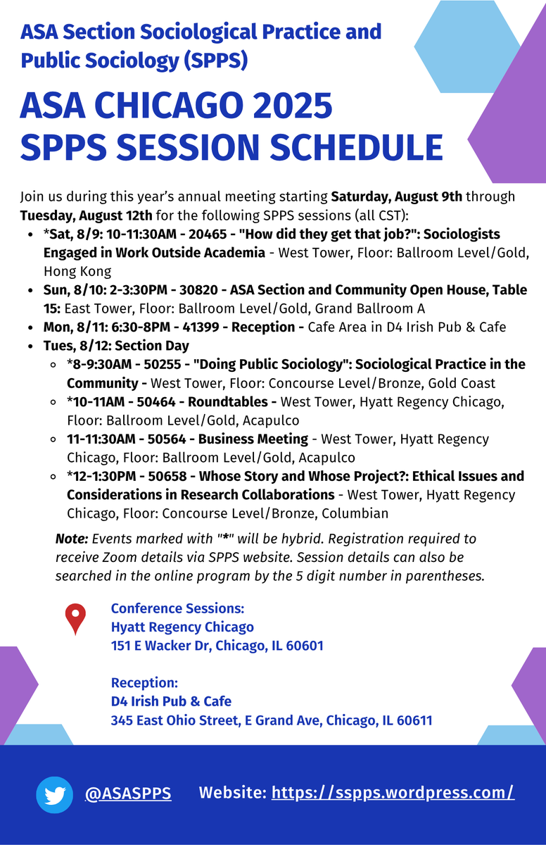 ASASPPS's tweet image. Join #ASASPPS during this year&apos;s #ASA2025 annual meeting, 8/9-8/12! If you can&apos;t join us in Chicago, many of our sessions will be hybrid, so please visit our website sspps.wordpress.com/meetings/ to register for Zoom info! #publicsociology #appliedsociology