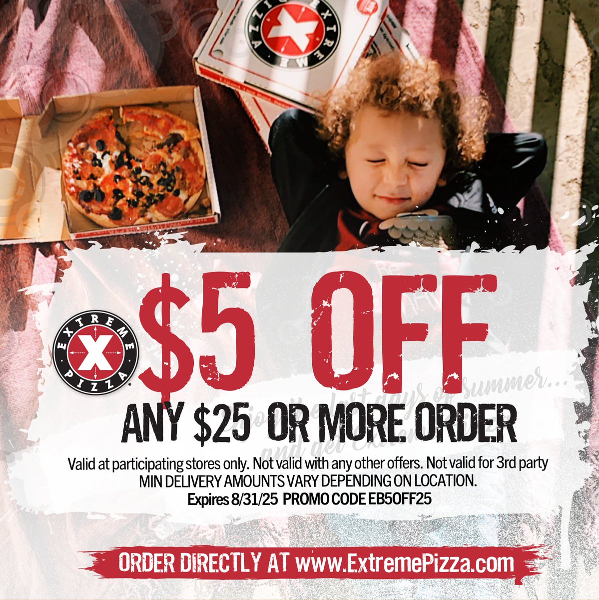 Enjoy the last bite of summer 🌞 with $5 OFF ANY $25 or more order from Extreme Pizza! 🍕 See details on coupon. Valid at participating stores only.  Expires 8/31/2025. Promo Code EB5OFF25 #ExtremePizza #pizza #adventure #work #foodie #lunch #dinner #dinein #carryout #vibes #pov