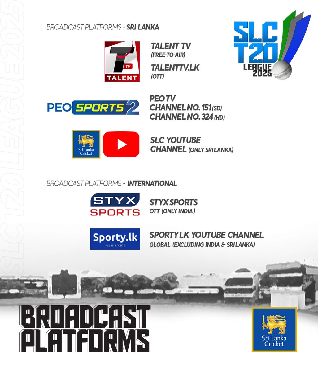 *SLC T20 League 2025 | Broadcast Platforms* 🏏

📺 Broadcast Platforms – Sri Lanka
• Free-to-Air Channel: Talent TV
  (Frequencies: Island-wide 47 | Colombo 22 | South 28 | North Central 32 | Ratnapura 56)
• OTT Platform: talenttv.lk
• YouTube: SLC Official Channel