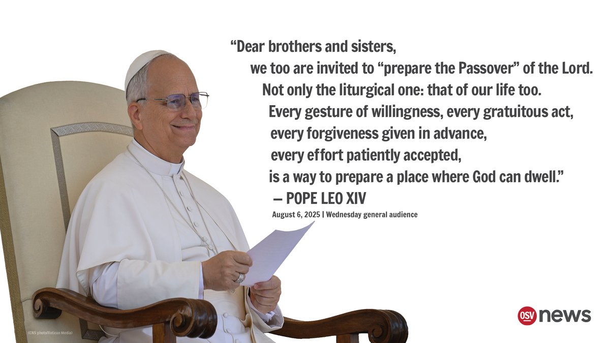 In his Aug. 6, 2025 general audience, Pope Leo XIV reflected on the preparation of the upstairs room for Passover in the Gospel of Mark, chapter 14.
osvnews.com/full-text-pope…
