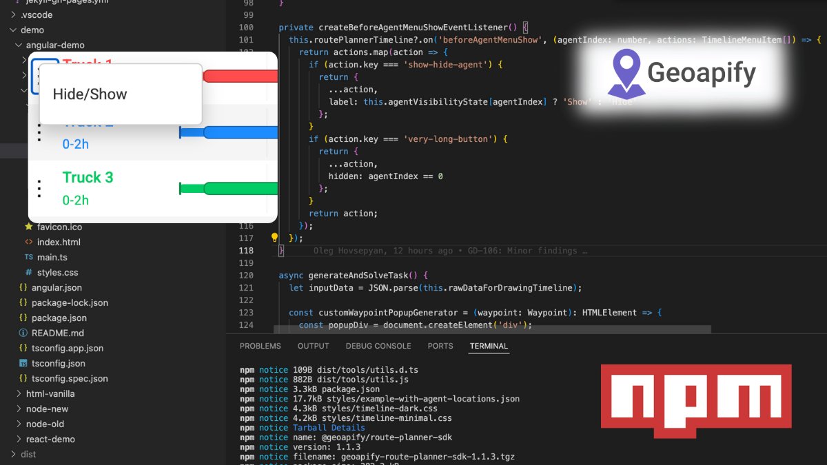Now in @geoapify/route-planner-sdk:

✅ Custom agent timeline items (define one set of actions)
✅ "beforeAgentMenuShow" event to customize agent context menus

Perfect for logistics, delivery &amp; field service apps.

Docs: geoapify.github.io/route-planner-…
#FleetManagement #FieldService
