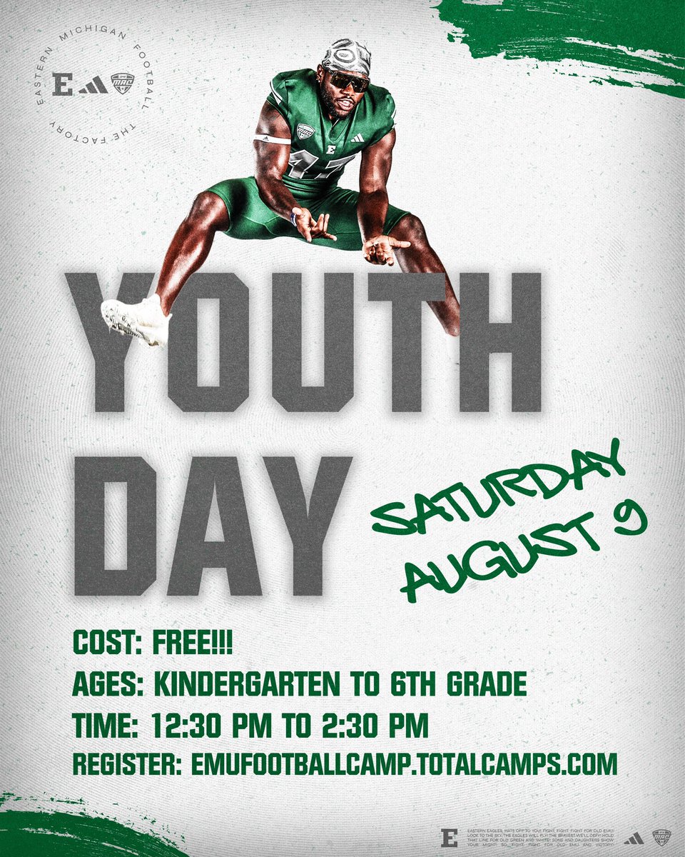🚨 Almost here!

Sign up now for a day of FUN and FOOTBALL!

Date: Saturday, August 9th  
Time: 12:30pm to 2:30pm  
Ages: Kindergarten to 6th Grade  
Cost: FREE!!!   

Visit emufootballcamps.totalcamps.com to REGISTER!   

#ETOUGH ⛓️ #TheClimb