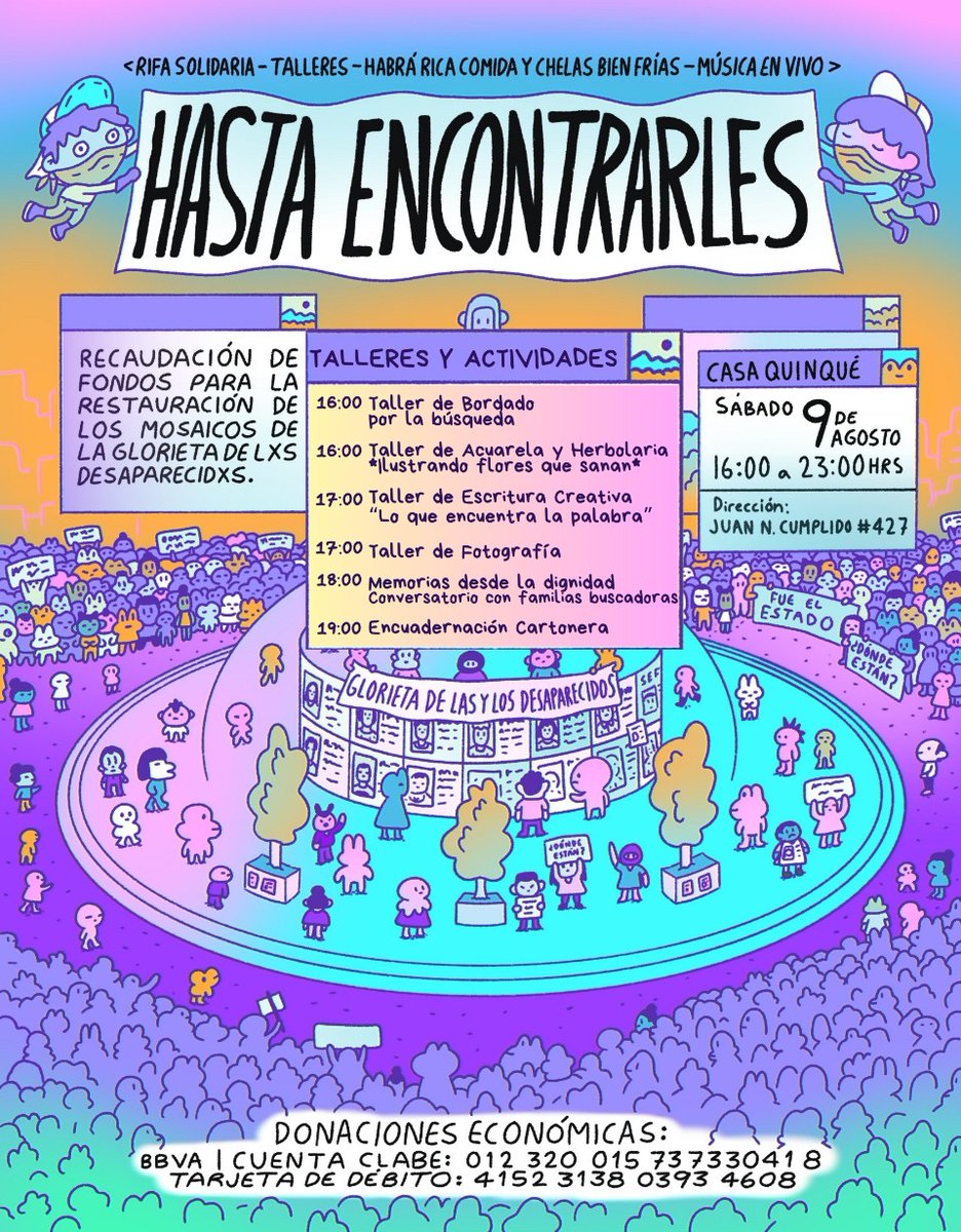 cartodeausencia's tweet photo. Este 9 de agosto, en Casa Quinqué (Juan N. Cumplido #427, Guadalajara) de 16:00 a 23:00 hrs. se llevará a cabo el encuentro solidario “Hasta Encontrarles”. El objetivo es recaudar fondos para reparar las losetas de memoria en la Glorieta de las y los Desaparecidos de Jalisco. https://t.co/G9wqoE6p8C
