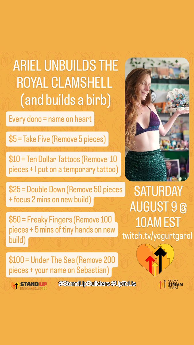 yogurtgarol's tweet photo. The Stand Up Builders are back!!! Over 100 of us coming together to raise money during the next 10 days for #StandUpToCancer. My special streams will be this weekend on Twitch and i think we'll have a great time! Ariel is coming back! Plus Mom and me in the kitchen omg! 🧡 https://t.co/FksvpE6TKM
